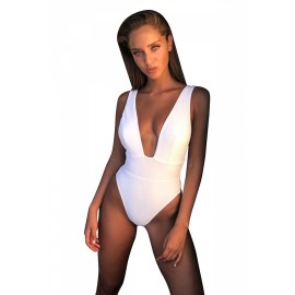 Deep V Neck Backless Plain High Cut One Piece Swimsuit White