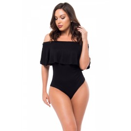 Womens Off Shoulder Ruffled Plain One Piece Swimsuit Black