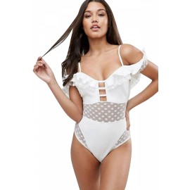 Womens Apparel Ruffle Polka Dot Mesh Cut Out One Piece Swimsuit White