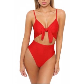 Womens Apparel Tie Bandage Cut Out High Waisted One Piece Swimsuit Red