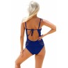 V Neck Backless Lace Cut Out Plain One Piece Swimsuit Blue