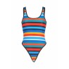 Color Striped One Piece Scoop Neck High Cut Swimsuit Blue