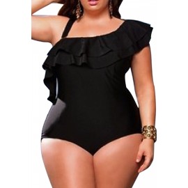 Apparel Black Plus Size One Shoulder Ruffle One Piece Swimsuit