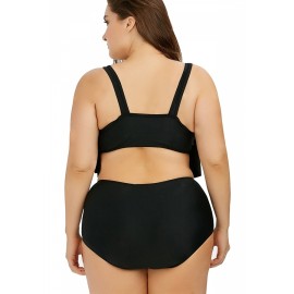 Plus Size Ruffle High Waisted Plain Swimwear Set Black
