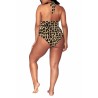 Plus Size Cut Out Halter Leopard Print Swimwear Set Brown