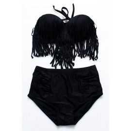 Womens Apparel Fringe Top&High Waisted Swimwear Bottoms Plus Size Swimsuit Black