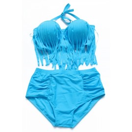 Retro High Waist Braided Fringe Top Swimwear Swimwear Plus Size Blue