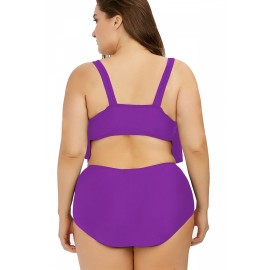 Plus Size Sleeveless Ruffle High Waisted Swimwear Set Purple