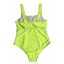 Plus Size Crew Neck Backless Cut Out Plain One Piece Swimsuit Green