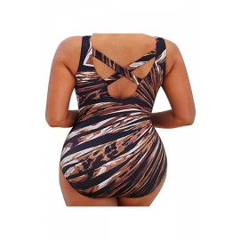 Plus Size Backless Criss Cross Print One Piece Swimsuit Coffee