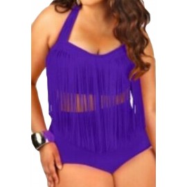 Apparel Plus Size Halter Fringe High Waisted Swimwear Purple