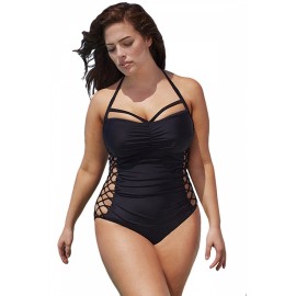 Apparel Plus Size Halter Strappy Side One Piece Swimsuit Black