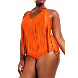 Plus Size Orange Apparel Plain Tassel Oversized Monokinis
