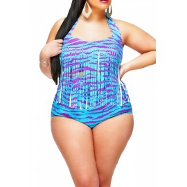 Womens Plus Size Fringe Printed Swimwear Top&Apparel Swimwear Bottom Blue