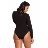 Plus Size Crew Neck Long Sleeve Plain High Cut One Piece Swimsuit Black