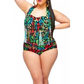 Womens Plus Size Fringe Printed Swimwear Top&Apparel Swimwear Bottom Green