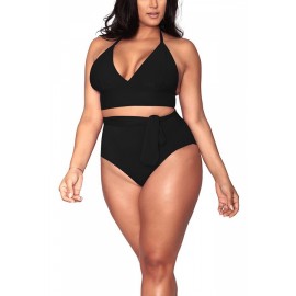 Plus Size Halter High Waisted Tummy Control Swimwear Set Black