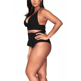 Plus Size Halter High Waisted Tummy Control Swimwear Set Black