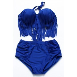 Apparel Plus Size Halter Fringe High Waisted Swimwear Navy Blue