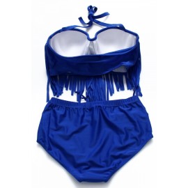 Apparel Plus Size Halter Fringe High Waisted Swimwear Navy Blue