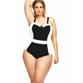 Apparel Plus Size Black And White Color Block Strap One Piece Swimwear