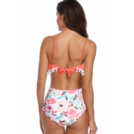 Plus Size Floral Print Pleated High Waisted Two-Piece Swimsuit Tangerine