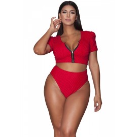 Plus Size Short Sleeve Zipper Front Plain High Waisted Tankini Red