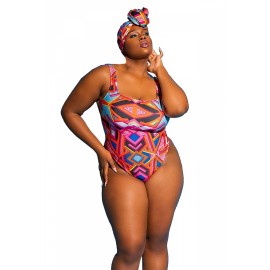 Plus Size Backless Geometrical Print High Cut One Piece Swimsuit Red