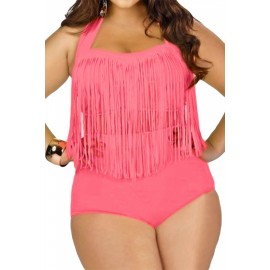 Retro High Waist Braided Fringe Top Swimwear Swimwear Plus Size Pink