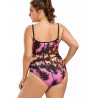 Plus Size V Neck Backless Cut Out Floral Print One Piece Swimsuit Green