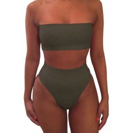 Womens Apparel Plain Bandeau Top&High Waist Bottom Swimwear Set Army Green