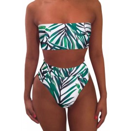 Leaf Print Bandeau Top High Waisted Swimwear Set Turquoise