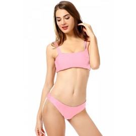 Stylish Straps Square Neck Plain High Cut Swimwear Set Pink