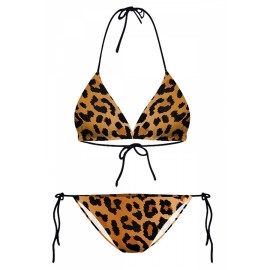 Womens Leopard Printed Top & Side-Tie Bottom Swimwear Set Chestnut