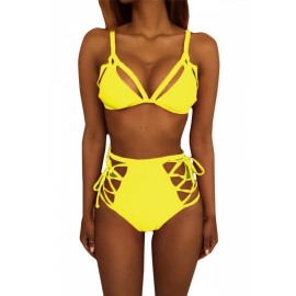Womens Apparel Cutout Top&High Waist Lace-up Bottom Swimwear Set Yellow