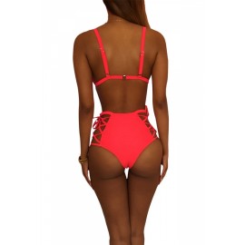 Womens Apparel Swimwear Top&High Waist Lace-up Swimsuit Bottom Rose Red